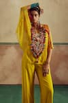 Shop_Zariya the Label_Yellow Blouse And Pant Bamberg Silk Boho Thread Work Tassel Embellished Cape Set _at_Aza_Fashions