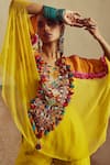 Zariya the Label_Yellow Blouse And Pant Bamberg Silk Boho Thread Work Tassel Embellished Cape Set _Online_at_Aza_Fashions