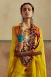 Buy_Zariya the Label_Yellow Blouse And Pant Bamberg Silk Boho Thread Work Tassel Embellished Cape Set _Online_at_Aza_Fashions