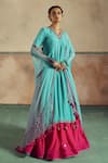 Zariya the Label_Blue Kurta And Lehenga Bamberg Silk Embroidery Threadwork Mirror Backless Set _Online_at_Aza_Fashions