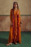 Buy_Zariya the Label_Orange Dress Bamberg Silk Embroidery Threadwork V Boho Mirror Cape With A-line _at_Aza_Fashions