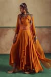 Shop_Zariya the Label_Orange Dress Bamberg Silk Embroidery Threadwork V Boho Mirror Cape With A-line _at_Aza_Fashions