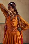 Zariya the Label_Orange Dress Bamberg Silk Embroidery Threadwork V Boho Mirror Cape With A-line _Online_at_Aza_Fashions