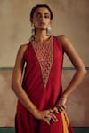 Zariya the Label_Red Kurta Bamberg Silk Embroidery Threadwork Halter Neck Sheesha Wave Set _Online_at_Aza_Fashions