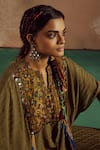 Zariya the Label_Green Cape Cotton Silk Embroidery Asymmetric Floral Cowl With Pant _Online_at_Aza_Fashions