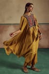 Zariya the Label_Yellow Kurta Self Cotton Silk Embroidery Asymmetric Bloom Cowl Cape With Pant _Online_at_Aza_Fashions