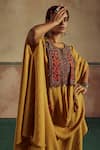 Shop_Zariya the Label_Yellow Kurta Self Cotton Silk Embroidery Asymmetric Bloom Cowl Cape With Pant _Online_at_Aza_Fashions