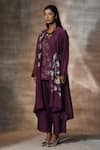 Shop_Neeta Bhargava_Purple Chanderi Hand Painted Floral Mandarin Collar Jacket Palazzo Set  _Online_at_Aza_Fashions