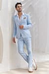 Shop_Asuka_Blue Pure Linen Windowpane Checkered Pattern Blazer And Trouser Set _Online_at_Aza_Fashions