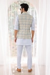 Shop_Asuka_Blue Pure Linen Printed Floral Tile Bundi Kurta Set _at_Aza_Fashions