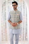 Buy_Asuka_Blue Pure Linen Printed Floral Tile Bundi Kurta Set _Online_at_Aza_Fashions