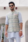 Buy_Asuka_Blue Pure Linen Printed Floral Tile Bundi Kurta Set 