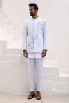 Buy_Asuka_Blue Pure Linen Embroidered Resham Bandhgala Trouser Set _at_Aza_Fashions