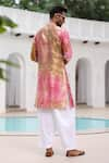 Shop_Asuka_Pink Pure Linen Embroidered Sequin Tie-dye Kurta And Pyjama Set _at_Aza_Fashions