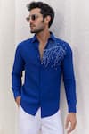 Asuka_Blue Pure Irish Linen Embroidered Thread Shirt _Online_at_Aza_Fashions