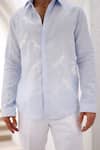 Asuka_Blue Pure Irish Linen Embroidered Thread Bird Motif Shirt _at_Aza_Fashions