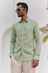 Shop_Asuka_Green Pure Irish Linen Embroidered Thread Motif Shirt _at_Aza_Fashions