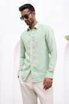 Asuka_Green Pure Irish Linen Embroidered Thread Motif Shirt _Online_at_Aza_Fashions