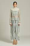 Buy_Anamika Khanna_Sky Blue Organza Embroidered Thread High Neck Pearl Sheer Shirt Pant Set _Online_at_Aza_Fashions