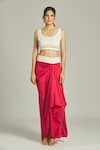 Anamika Khanna_Red Silk Sequins, Beads, Tassels Round Neck Fringe Top Draped Skirt Set_Online_at_Aza_Fashions