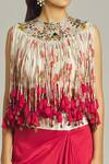 Buy_Anamika Khanna_Red Silk Sequins, Beads, Tassels Round Neck Fringe Top Draped Skirt Set_Online_at_Aza_Fashions