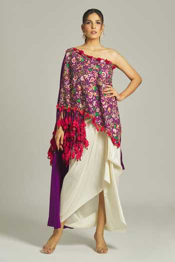 Buy_Anamika Khanna_Purple Silk Sequins, Beads One Thread Embroidered Asymmetric Top With Skirt _at_Aza_Fashions