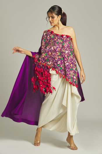 Buy_Anamika Khanna_Purple Silk Sequins, Beads One Thread Embroidered Asymmetric Top With Skirt _Online_at_Aza_Fashions