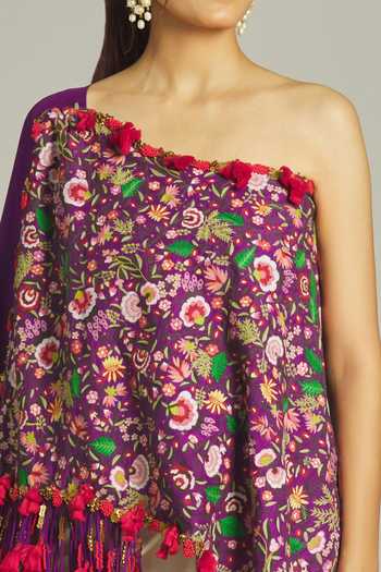 Shop_Anamika Khanna_Purple Silk Sequins, Beads One Thread Embroidered Asymmetric Top With Skirt _Online_at_Aza_Fashions