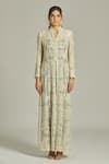 Anamika Khanna_Green Silk Printed Collarge Coat Mandarin Pearl Embellished Long With Dress _Online_at_Aza_Fashions