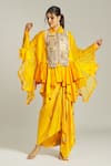 Buy_Anamika Khanna_Yellow Silk Embroidered Sequin Shirt Collar Asymmetric Embellished With Skirt _at_Aza_Fashions