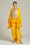 Buy_Anamika Khanna_Yellow Silk Embroidered Sequin Shirt Collar Asymmetric Embellished With Skirt _Online_at_Aza_Fashions