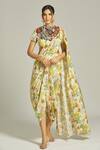 Buy_Anamika Khanna_Yellow Silk Printed Floral Round Blossom Pre Draped Saree Blouse Set _at_Aza_Fashions