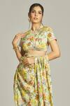 Anamika Khanna_Yellow Silk Printed Floral Round Blossom Pre Draped Saree Blouse Set _at_Aza_Fashions