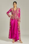 Buy_Anamika Khanna_Fuchsia Silk Printed Collarge Coat Mandarin Paisley Embroidered Long Skirt Set _at_Aza_Fashions