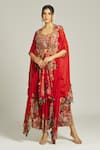 Buy_Anamika Khanna_Red Silk Embroidered Thread Cape Open Draped Skirt Set _at_Aza_Fashions