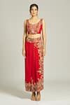 Anamika Khanna_Red Silk Embroidered Thread Cape Open Draped Skirt Set _Online_at_Aza_Fashions