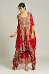 Shop_Anamika Khanna_Red Silk Embroidered Thread Cape Open Draped Skirt Set _Online_at_Aza_Fashions