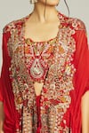 Anamika Khanna_Red Silk Embroidered Thread Cape Open Draped Skirt Set _at_Aza_Fashions