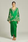 Anamika Khanna_Emerald Green Silk Embroidered Cut Dana Kurta V Neck Floral Draped Skirt Set _Online_at_Aza_Fashions