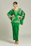 Buy_Anamika Khanna_Emerald Green Silk Embroidered Cut Dana Kurta V Neck Floral Draped Skirt Set _Online_at_Aza_Fashions