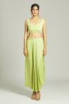 Anamika Khanna_Green Organza Embroidered Thread Kurta V Neck Yoke Draped Skirt Set _Online_at_Aza_Fashions