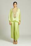 Buy_Anamika Khanna_Green Organza Embroidered Thread Kurta V Neck Yoke Draped Skirt Set _Online_at_Aza_Fashions