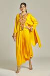 Buy_Anamika Khanna_Yellow Silk Embroidered Thread Round Neck Yoke Kurta And Skirt Set _at_Aza_Fashions