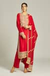 Buy_Anamika Khanna_Red Silk Embroidered Zardozi Round Neck Yoke Kurta Set _at_Aza_Fashions