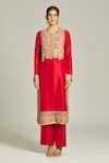 Anamika Khanna_Red Silk Embroidered Zardozi Round Neck Yoke Kurta Set _Online_at_Aza_Fashions