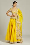 Buy_Anamika Khanna_Yellow Silk Embroidered Thread Broad V Neck Floral Blouse Lehenga Set _at_Aza_Fashions