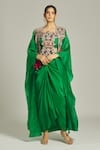 Buy_Anamika Khanna_Emerald Green Organza Embroidered Thread Cape Open Draped Skirt Set _at_Aza_Fashions