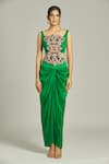 Anamika Khanna_Emerald Green Organza Embroidered Thread Cape Open Draped Skirt Set _Online_at_Aza_Fashions