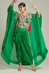 Buy_Anamika Khanna_Emerald Green Organza Embroidered Thread Cape Open Draped Skirt Set _Online_at_Aza_Fashions