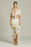 Anamika Khanna_White Silk Printed And Embroidered Floral Notched Jacket & Draped Skirt Set _Online_at_Aza_Fashions